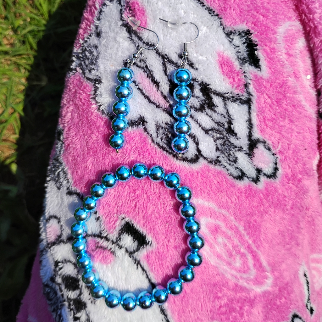 Handmade Elegant, Pretty, Cool Bright Baby Blue Bracelet And Earring Set
